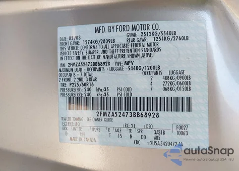 2003 Ford Windstar Se из США, поврежденный, VIN 2FMZA52473BB68928